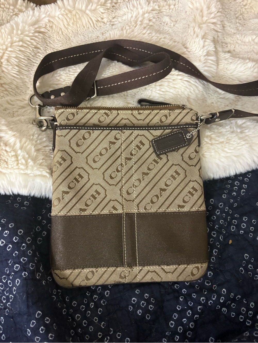 Coach Beige and Brown Signature Crossbody Messenger Bag